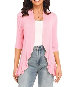 Pink Cardigan for Women Lightweight Open Front Casual Soft Draped Ruffles 3/4... - Picture 1 of 6