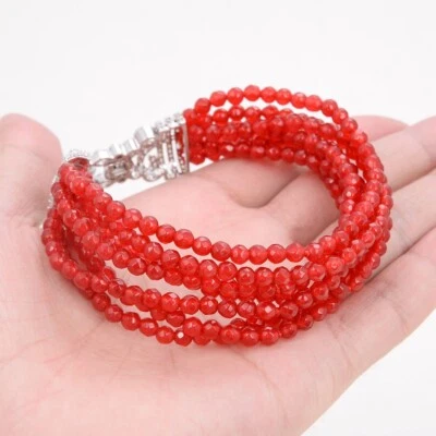 8'' 7 Strands Red Jade Gems Stone Bracelet Cz Clasp For Women Fashion Jewelry - Image 1 of 4