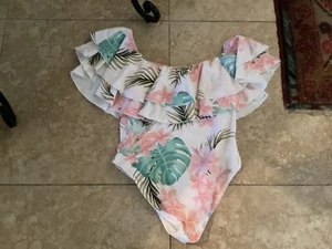 🌞infamous brand OFF SHOULDERS 1PC SWIMSUIT  pastel BANDEAU sz lg preowned - Picture 1 of 6