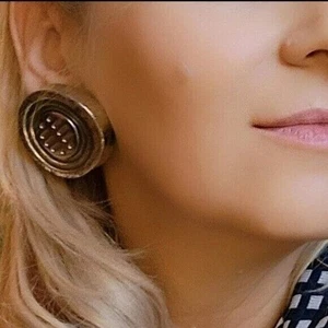 Vintage Rare 70’s Silver Gold Tone Chinese Symbol Large Clip-On Earrings - Picture 1 of 10