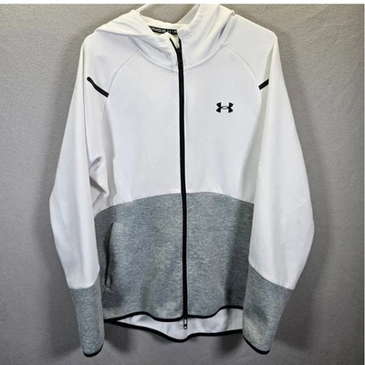 安德玛白色灰色全拉链连帽夹克运动科技 LG — 第 1/4 张图片