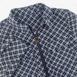 Michael Kors kariertes marineblaues weißes Langarmhemd durchgehender Reißverschluss Kragen Oberteil Bluse - Bild 1 von 10