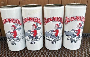 Vintage SELTEN Anheuser Busch 78' BUD MAN Surfender Delfin FLA Blech Bier Dosen Sport Set - Bild 1 von 5