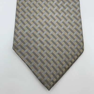 Calvin Klein Necktie 100% Silk Beige & Silver Squares Pattern Classic Tie 59x4 - Image 1 of 4