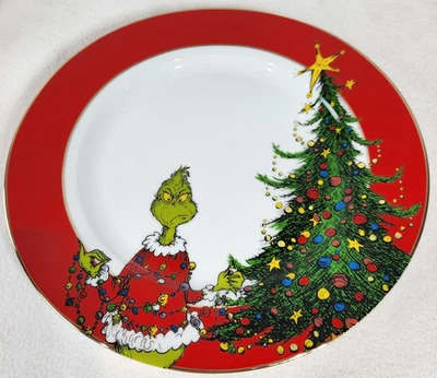 Platos de cena de Navidad Dr Seuss Zrike rojo Grinch borde dorado árbol iluminado NUEVO Foto 1 de 4