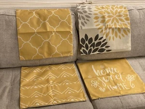 Mixed Print Throw Pillow Covers 4-pc Set Yellow "Home Sweet Home" 17.5"x 17.5" - Picture 1 of 6