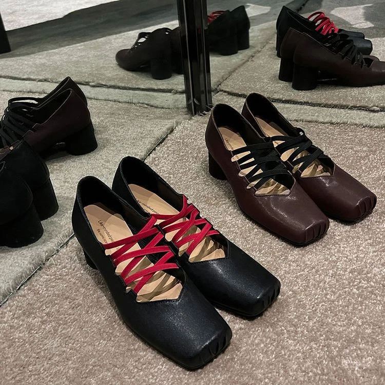 Женщин моды кожаный квадратный носок шнурует вверх эластичный блок каблук Mary Jane туфли KKG - Изображение 1 из 4