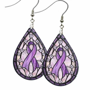 Faux Stained Glass Purple Ribbon Support Earrings Teardrop NO TARNISHING Wood - Picture 1 of 6