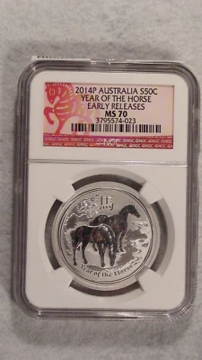 2014 P NGC MS70 AUSTRALIA FIFTY CENTS YEAR OF THE HORSE SILVER EARLY RELEASE! - Image 1 of 4