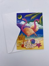 Vintage Lisa Frank Blank Note Card Greeting Card Flamingo Beach Rainbow