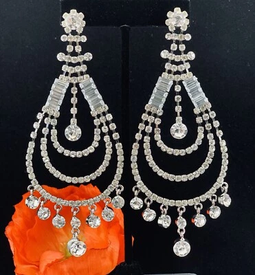 Pendientes perforados araña cristal transparente reina concurso nupcial 5" de largo  Foto 1 de 4