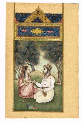 Старая картина императора Великих Моголов и императрицы в любви сцены искусства 6,5 x 10,5 дюймов - Изображение 1 из 4