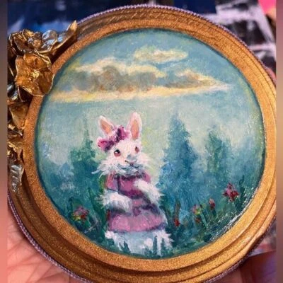 Pintura Original Conejo Conejo Arte Miniatura Redonda Oro Floral Núcleo Artettina EE. UU. Foto 1 de 4