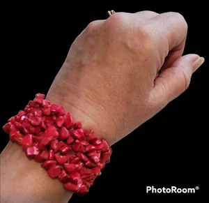 Vintage Red Coral Color Stretch Bracelet Chunky, Chip Beads Dyed 1-1/2" wide EUC - Picture 1 of 8