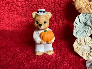 Vintage Mini Porcelain Teddy Bear Dressed Pilgrim Holding A Pumpkin Thanksgiving - Picture 1 of 2