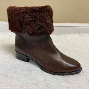 H By Halston Caroline Brown Leather Heeled Ankle Boot Faux Fur Size 7 GUC - Picture 1 of 9
