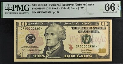 2004A $10 Federal Reserve Note PMG 66EPQ Atlanta low serial star 936 Fr 2039-F* - Image 1 of 3