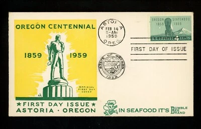 US FDC #1124 Astoria C of C M-31 Variety 1959 OR Oregon Statehood 1st Bumble Bee - Image 1 of 3