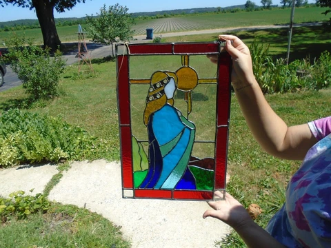 Mary ? Stained Glass Window Panel 19" x 12.5" Suncatcher small flaw Leaded trim Cover
