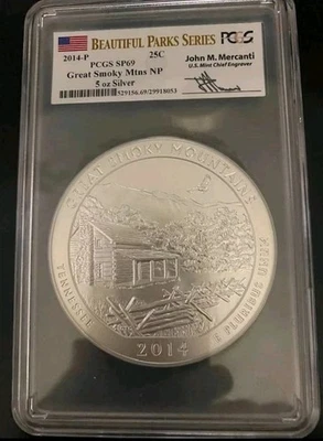🔥2014-P Grandes Montañas Humeantes 5oz Cuarto de Plata PCGS SP69 Mercanti Firmado🔥 Foto 1 de 4