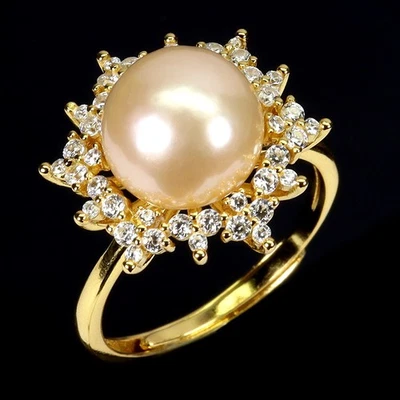 Кольцо из стерлингового серебра 925 пробы с круглым жемчугом 10 мм с натуральным драгоценным камнем ювелирные изделия размер 8 - Изображение 1 из 4