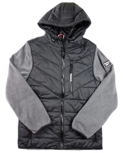 Reebok Mens Jacket S Fleece Quilted Hooded Zip Front Long Sleeve Black Gray $150 - Picture 1 of 7