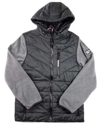 Reebok Mens Jacket S Fleece Quilted Hooded Zip Front Long Sleeve Black Gray $150 - Image 1 of 4