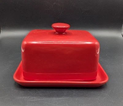 Red Ceramic Stoneware XL Butter Dish Holds 2 Sticks Double Ciroa 7.25" - Image 1 of 4