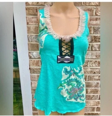 Camiseta sin mangas turquesa Y2K Custo Barcelona Fairygrunge con cuentas Foto 1 de 4