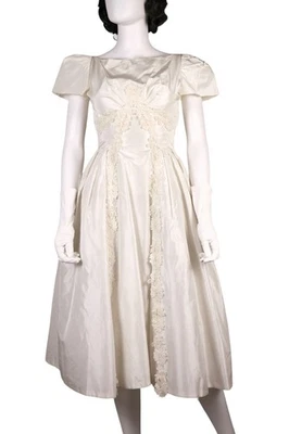 Vintage 50s Wedding Dress Tea Length Short Sleeve Full Swing By Lorrie Deb - Image 1 of 4