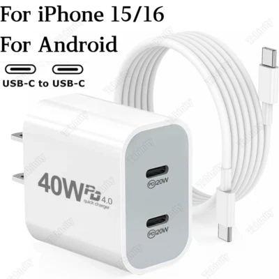 40W Dual USB-C Fast Charger Block PD Type-C Cable For iPhone 15 16 Pro Samsung - Image 1 of 4