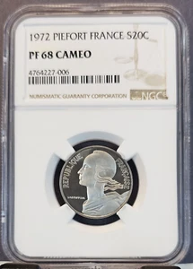 1972 FRANCE SILVER 20 CENTIMES PIEFORT NGC PF 68 CAMEO LOW MINTAGE TOP POP 1 - Picture 1 of 3