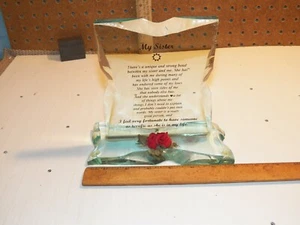 Beveled Jade Glass Crystal MY SISTER Plaque on Glass Stand - Made in Canada - Picture 1 of 7