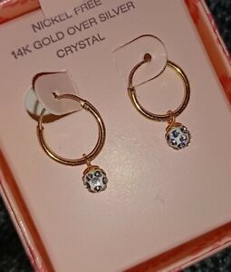 ⭐  New Crystal Hoop Earrings 14K Gold over Silver Nickel Free Girl's Rhinestone