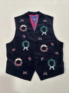 Karen Scott Womens M Christmas Black Velvet Embroidered Vest Wreath Poinsettias - Picture 1 of 8