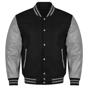 Chaqueta de bombardero Varsity Letterman manga negra de lana y cuero gris para hombre - Imagen 1 de 3