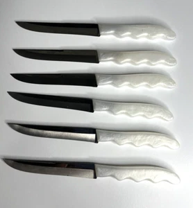 6 Robinson Hohlschliff Messer Set White Pearl Griff Edelstahl Vintage MCM - Bild 1 von 8