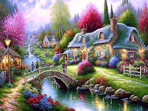 Ginfonr DIY 5D Diamond Art Kits for Adults, River Cottage Diamond Painting for A - Picture 1 of 12