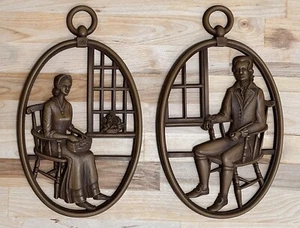 Vintage Syroco Wall Hanging Brown Plaques Colonial Man & Woman in Rocking Chairs - Picture 1 of 7