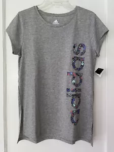 Adidas Graphic Tee Short Sleeve Top Youth XL (16) Gray Fun Letters New with Tags - Picture 1 of 10