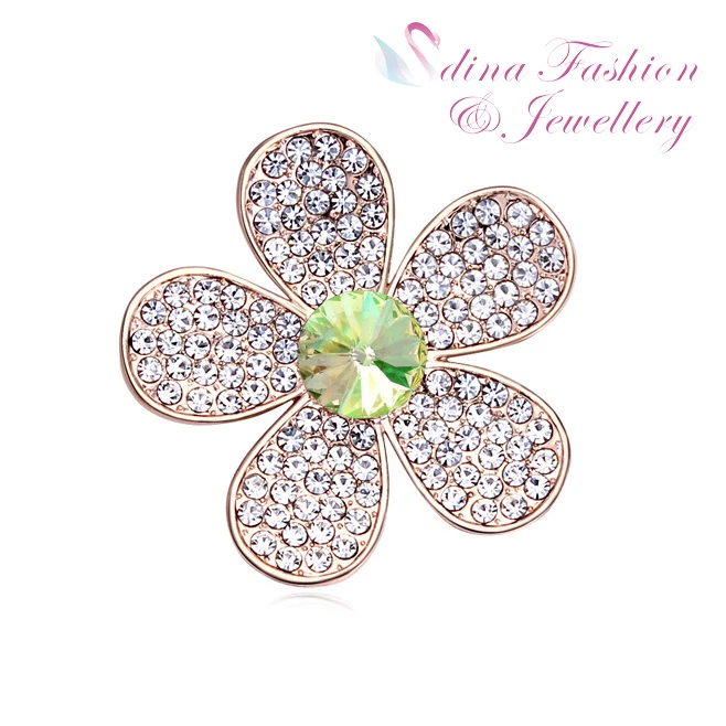 18K Rose Gold Plated Made With Swarovski Crystal Light Olive Flower Brooch Foto 1 de 1