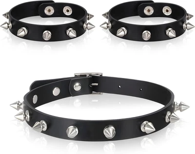 3 peças gargantilha de couro gótico cravado, pulseiras cravejadas acessórios punk J... - Imagem 1 de 4