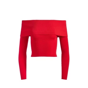 NWT Alice + Olivia Red Off Shoulder Crop Dolan Pullover Top Long Sleeve S $330 - Picture 1 of 10