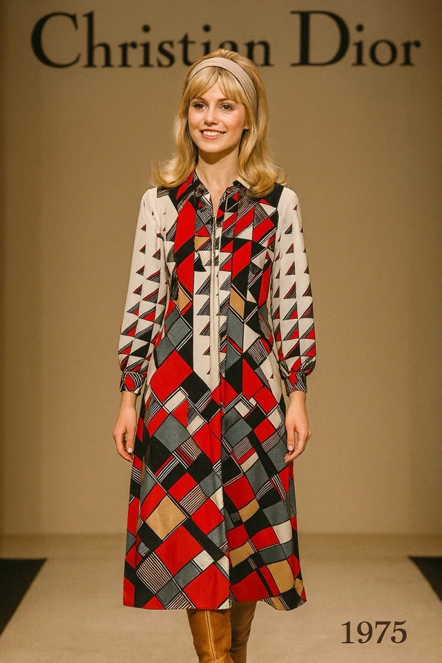 Vestido midi geométrico vintage Christian Dior cremallera frontal años 70 talla S raro Foto 1 de 4