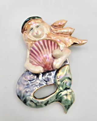Broche de sirena de cerámica prendedor artesanal concha marina azul verde fantasía náutica Foto 1 de 4