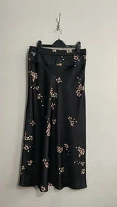 Free People Normani Midi Skirt Size 8 UK 12 Black Floral Fallen Petal Satin - Picture 1 of 9