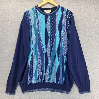 Montechiaro Size XL Blue Navy 3D Knit Sweater Italy Men's Striped Textured - Image 1 of 4