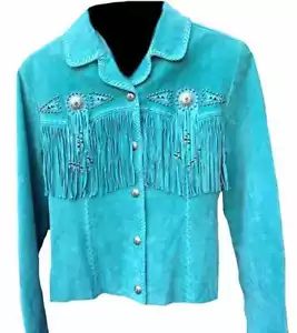 Chaqueta de cuero con flecos de gamuza azul turquesa estilo occidental para mujer - Imagen 1 de 4