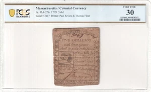 Fr#MA-276 1779 Massachusetts Colonial Note 5s4d Paul Revere Rising Sun - PCGS 30 - Picture 1 of 2