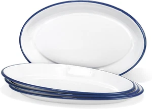 Set of 4 Enamelware Metal Classic 13" Serving Oval Tray Platter, Solid White/Nav - Picture 1 of 9